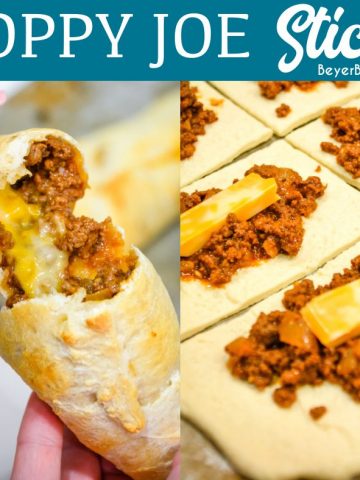 Sloppy joe sticks are like sloppy joe burritos by taking sloppy joes and cheese sticks and wrapping them in pizza dough then baking for 10 minutes for an easy dinner recipe.