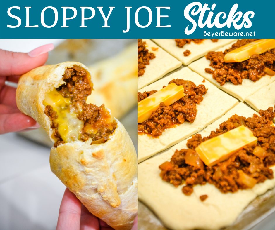 Sloppy joe sticks are like sloppy joe burritos by taking sloppy joes and cheese sticks and wrapping them in pizza dough then baking for 10 minutes for an easy dinner recipe.