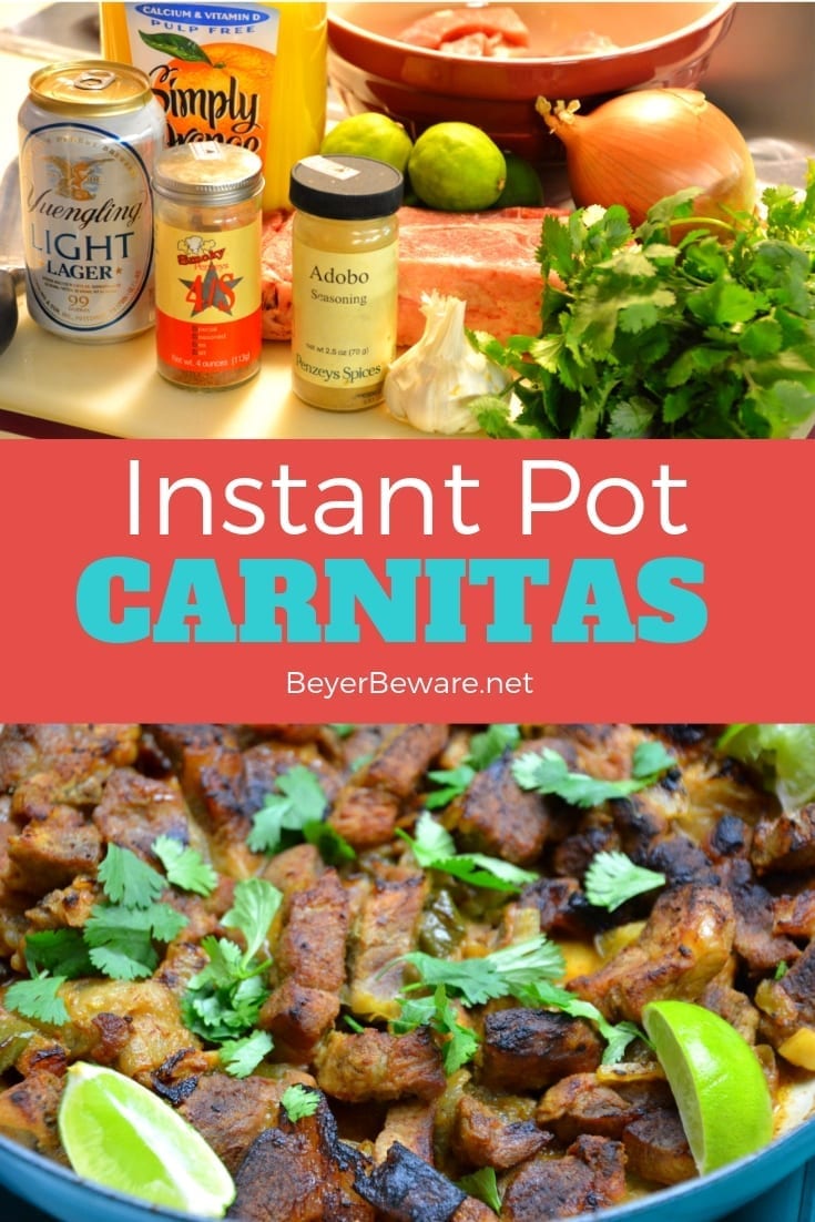 Instant Pot Carnitas combine pork shoulder pieces with citrus, Mexican seasonings, and beer to create a quick, tender, and flavorful carnitas recipe. #Instantpot #Carnitas #MexicanRecipes #PorkRecipes