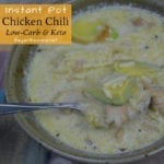Low-Carb Instant Pot Chicken Chili is low on carbs but high in fat and flavor with tender pieces of chicken given rich flavors from better than bouillion, garlic and onions, and lots of adobo seasoning. Plus with riced cauliflower, you don't even miss the beans either. #Keto #KetoSoup #LowCarb #LowcarbSoup #ChickenChili