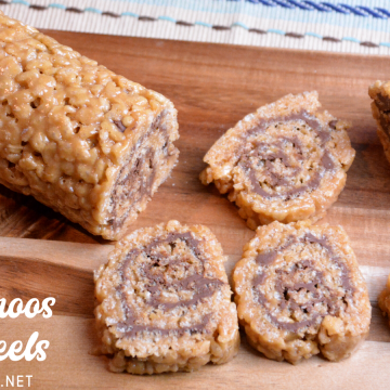 Scotcharoos pinwheels combine crispy rice cereal, peanut butter, sugar, and corn syrup then topped off and rolled with melted butterscotch and chocolate.