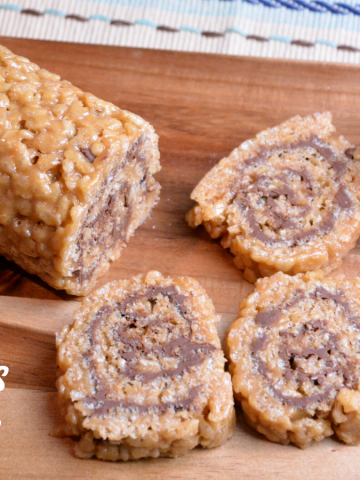 Scotcharoos pinwheels combine crispy rice cereal, peanut butter, sugar, and corn syrup then topped off and rolled with melted butterscotch and chocolate.
