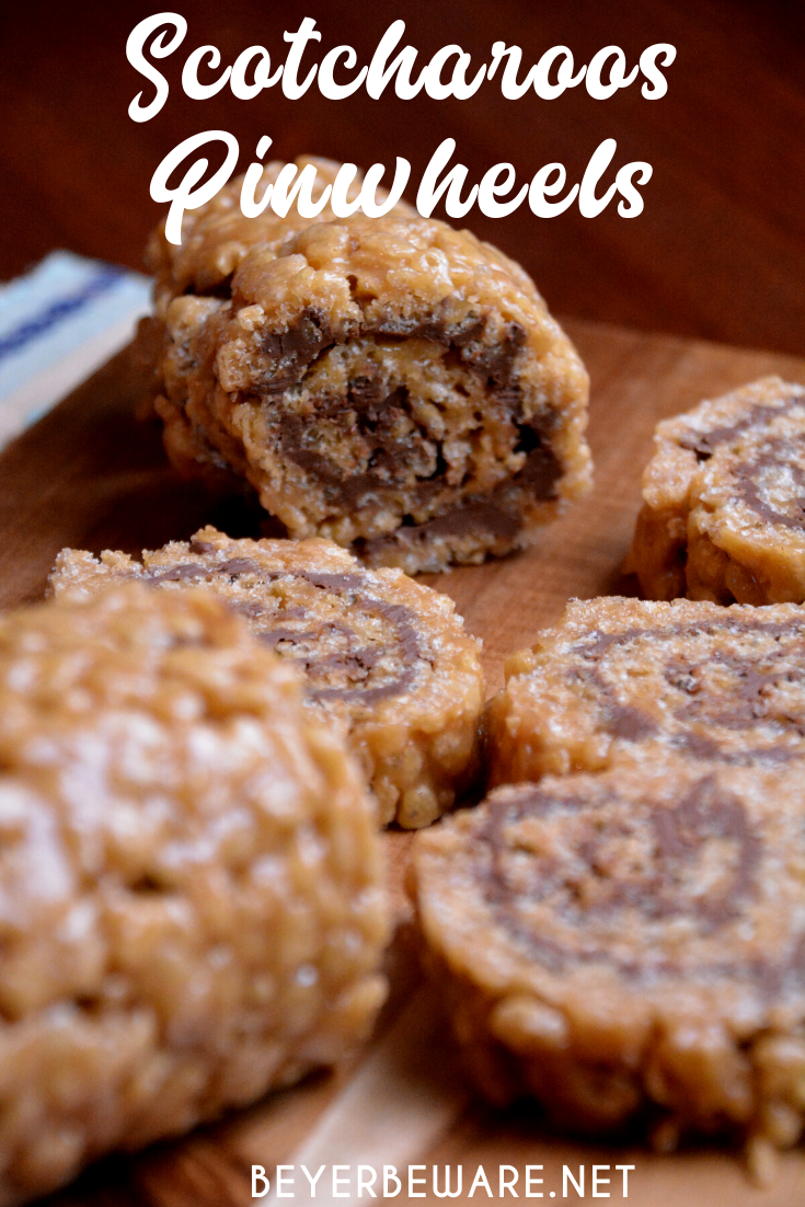 Scotcharoos pinwheels combine crispy rice cereal, peanut butter, sugar, and corn syrup then topped off and rolled with melted butterscotch and chocolate.