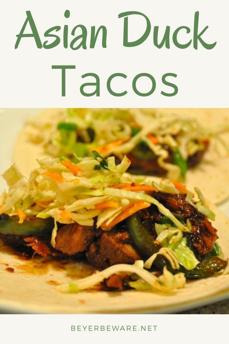 Asian duck tacos combine the ginger sesame flavors on roasted duck breasts and topped with a tangy Asian slaw for amazing Asian inspired tacos.