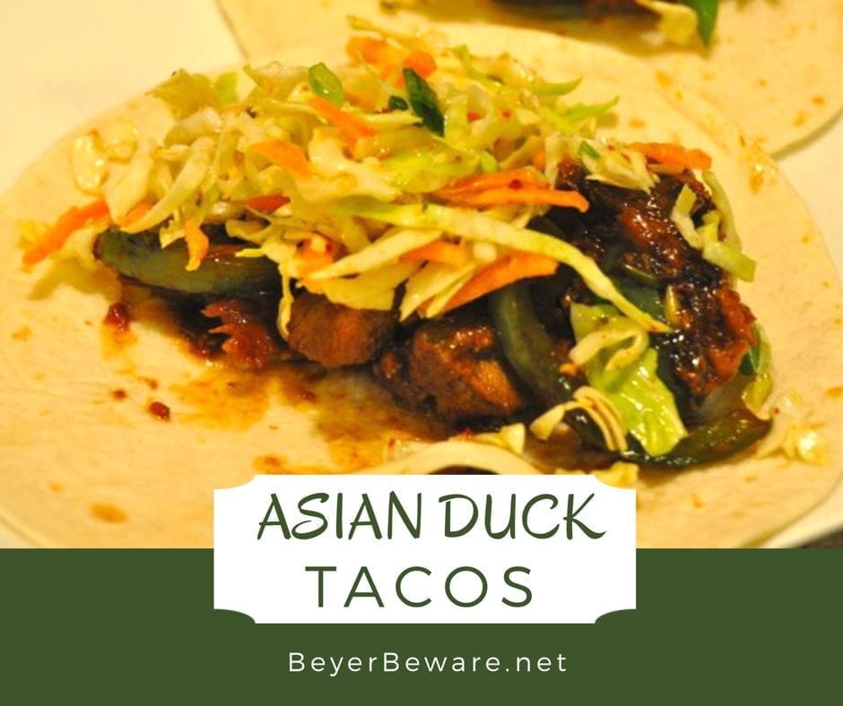 Asian duck tacos combine the ginger sesame flavors on roasted duck breasts and topped with a tangy Asian slaw for amazing Asian inspired tacos. #tacos