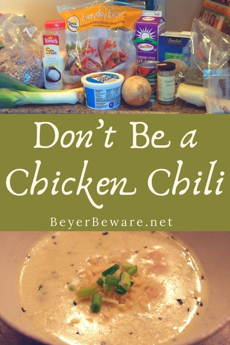 Don't Be a Chicken Chili is a creamy chicken soup recipe that will warm you up and fill your belly for a night of fun.