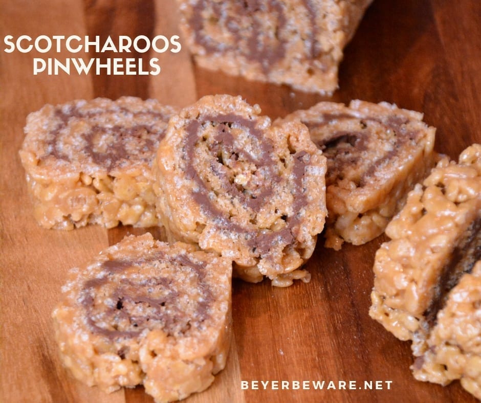 These scotcharoos pinwheels combine the crispy rice cereal, peanut butter, sugar, and corn syrup for the base and then topped and rolled with melted butterscotch and chocolate. #PeanutButter #Chocolate #Nobake #DessertRecipes #BarRecipes