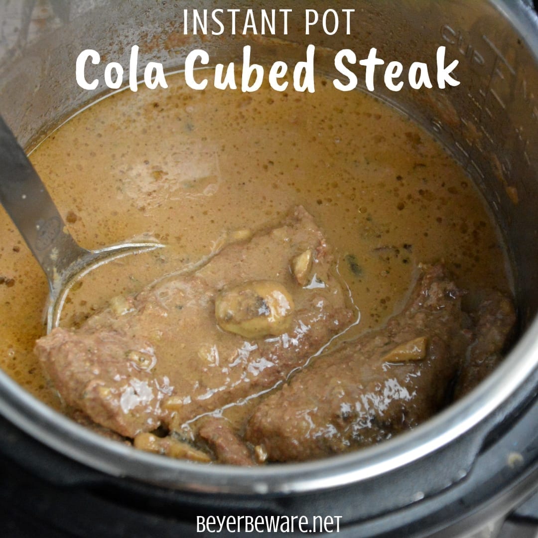 Instant Pot Cola Cubed Beef Steaks is a simple recipe made quickly with the dump of cubed steaks, a Coke, onion soup mix and cream of mushroom soup in the Instant Pot. #InstantPot #Beef 