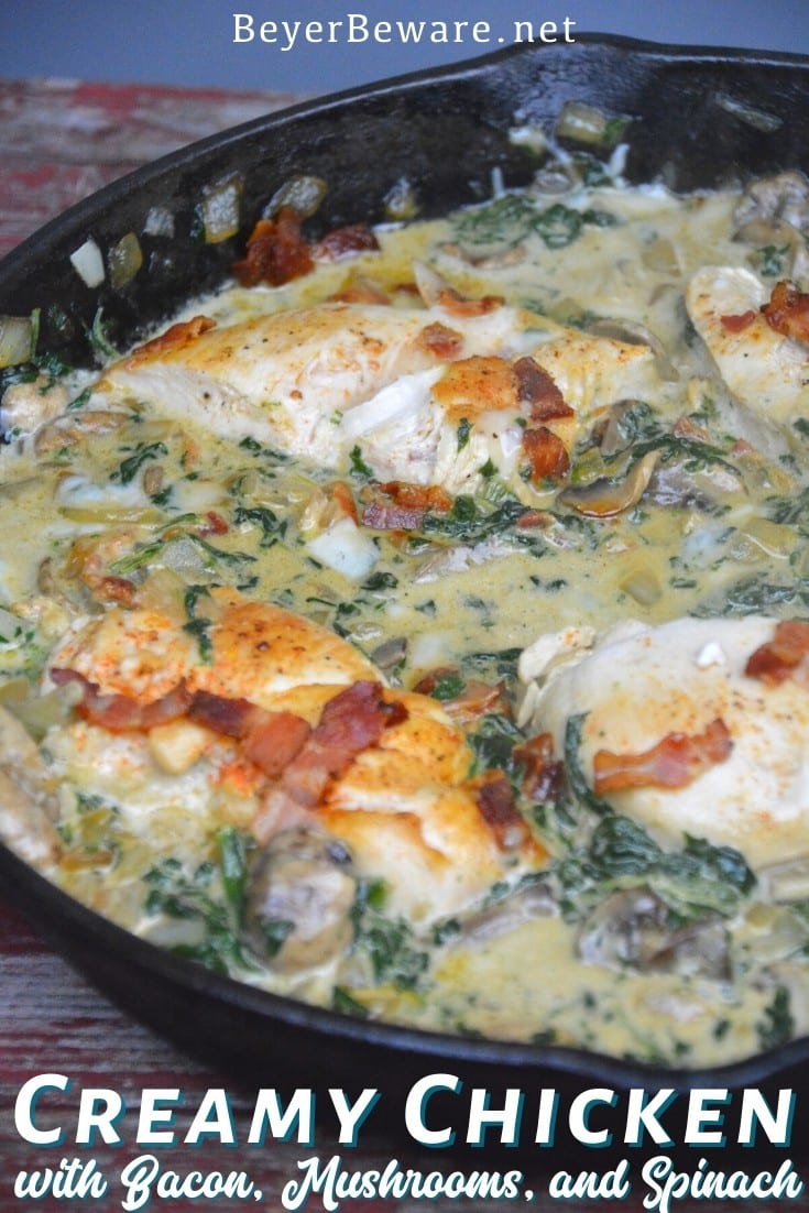 Low-Carb Creamy Chicken, Bacon, Mushroom, and Spinach Skillet is the new keto Tuscan chicken recipe that is a 15-minute meal.