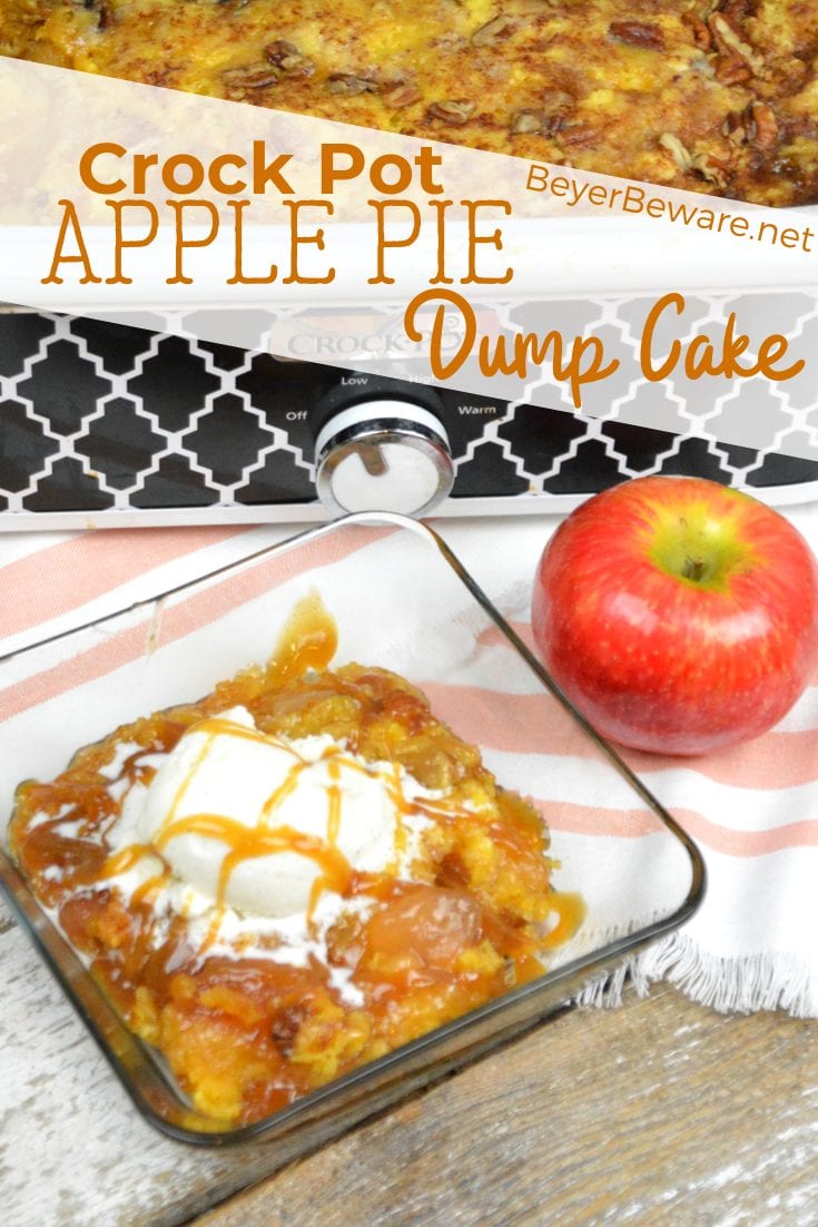 Crock Pot Apple Pie Dump Cake recipe is a few simple ingredients of apple pie filling, cake mix, butter and pecans and in the crock pot in a couple hours.
