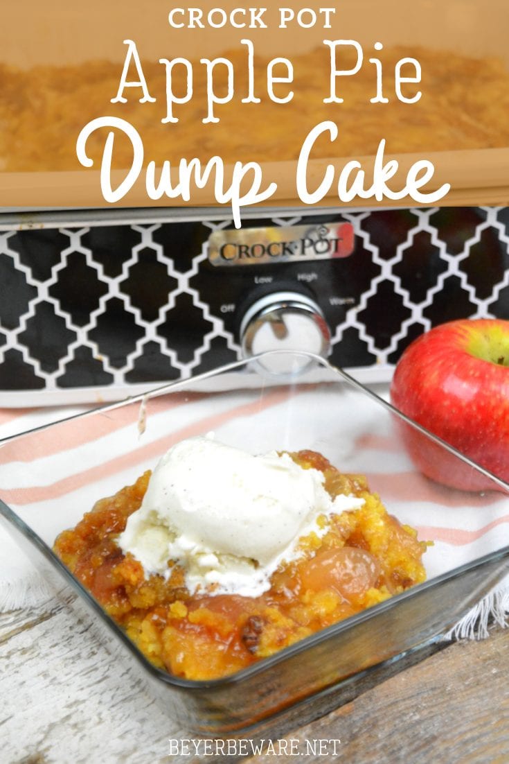 Crock Pot Apple Pie Dump Cake recipe is a few simple ingredients of apple pie filling, cake mix, butter and pecans and in the crock pot in a couple hours.