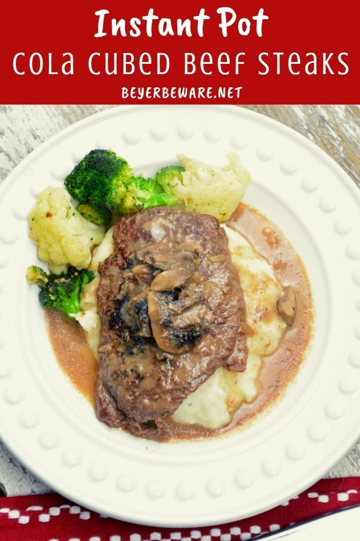 Instant Pot Cola Cubed Beef Steaks is a simple recipe made quickly with the dump of cubed steaks, a Coke, onion soup mix and cream of mushroom soup in the Instant Pot. #InstantPot #Beef