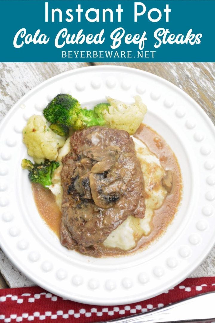 Instant Pot Coca-Cola Cubed Beef Steaks is a simple recipe made quickly with the dump of cubed steaks, a Coke, onion soup mix and cream of mushroom soup in the Instant Pot.