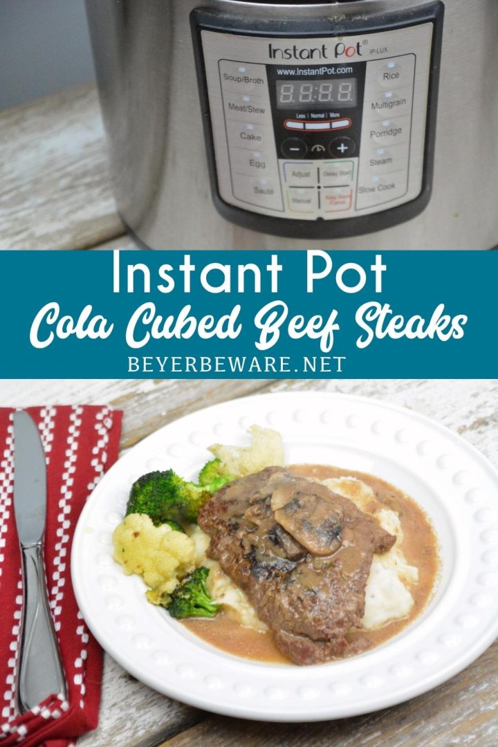 Instant Pot Coca-Cola Cubed Beef Steaks is a simple recipe made quickly with the dump of cubed steaks, a Coke, onion soup mix and cream of mushroom soup in the Instant Pot.