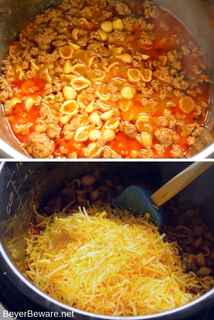 Instant Pot Taco Hamburger Pasta is the 15-minute homemade Hamburger Helper with just five ingredients creating a taco flavored cheesy taco beef and shells. #InstantPot #Hamburger #HamburgerHelper #Beef #EasyDinners