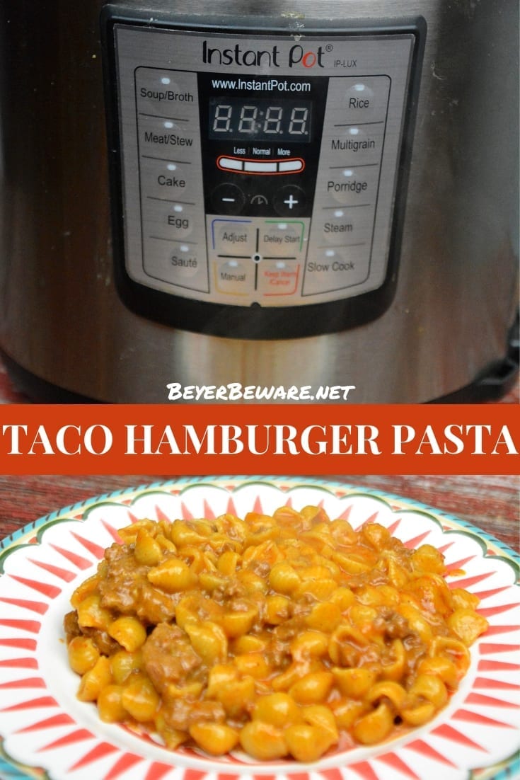 Instant Pot Taco Hamburger Pasta is the 15-minute homemade Hamburger Helper with just five ingredients creating a taco flavored cheesy taco beef and shells. #InstantPot #Hamburger #HamburgerHelper #Beef #EasyDinners
