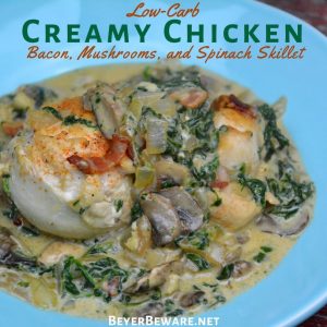Low-Carb Creamy Chicken, Bacon, Mushroom, and Spinach Skillet is the new go-to 15-minute meal I make and then enjoy for lunch throughout the week. #LowCarb #Keto #Chicken #Bacon