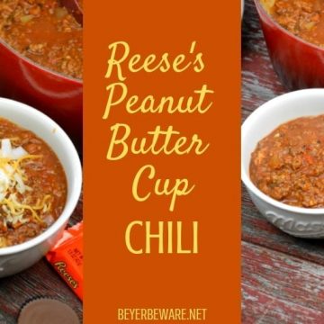 Reese's Peanut Butter Cup Chili combines bacon and ground beef and pork with smoked chili seasonings, beans and the secret Reese's Peanut Butter Cup. #Chili #PeanutButter #Bacon #Beef #Pork #Soup #Stew