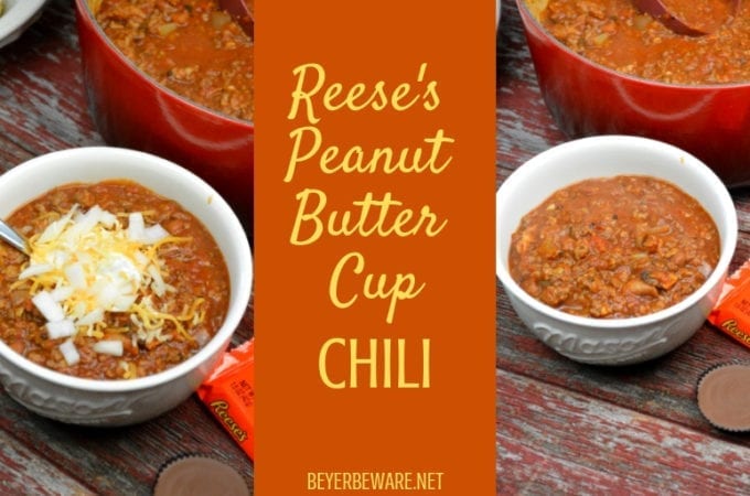 Reese's Peanut Butter Cup Chili combines bacon and ground beef and pork with smoked chili seasonings, beans and the secret Reese's Peanut Butter Cup. #Chili #PeanutButter #Bacon #Beef #Pork #Soup #Stew