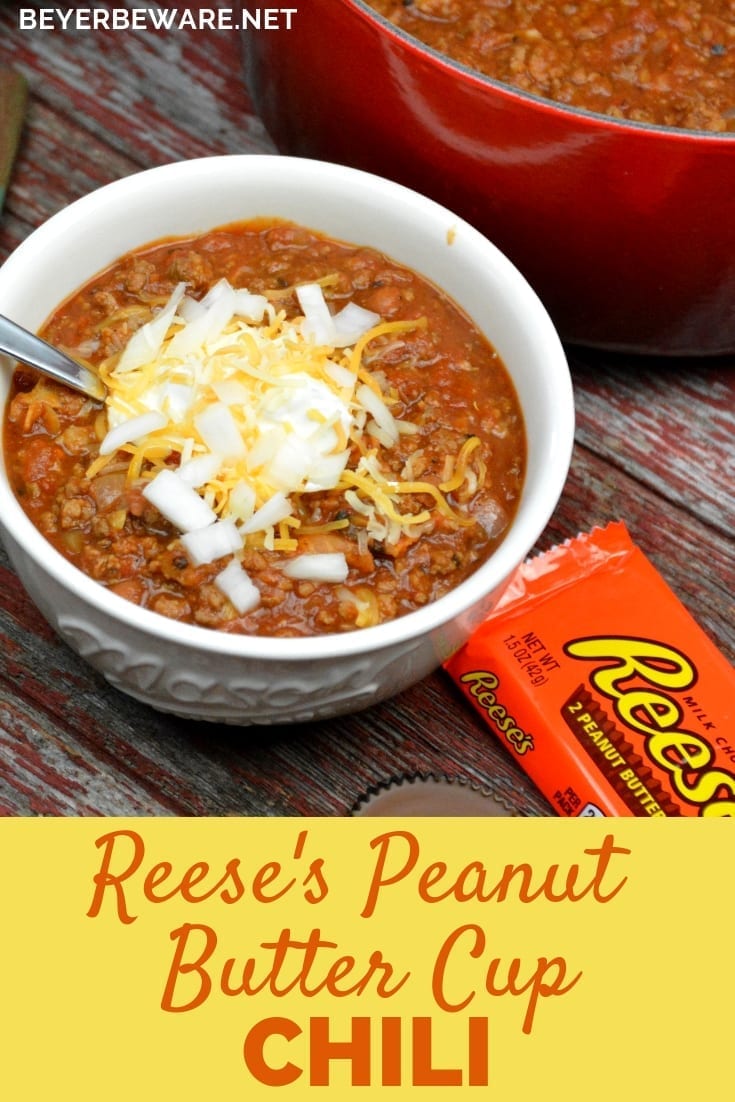 Reese's Peanut Butter Cup Chili combines bacon and ground beef and pork with smoked chili seasonings, beans and the secret Reese's Peanut Butter Cup. #Chili #PeanutButter #Bacon #Beef #Pork #Soup #Stew