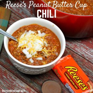 Reese's Peanut Butter Cup Chili combines bacon and ground beef and pork with smoked chili seasonings, beans and the secret Reese's Peanut Butter Cup. #Chili #PeanutButter #Bacon #Beef #Pork #Soup #Stew