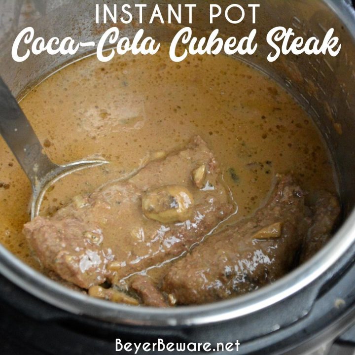 Instant Pot Coca-Cola Cubed Beef Steaks is a simple recipe made quickly with the dump of cubed steaks, a Coke, onion soup mix and cream of mushroom soup in the Instant Pot.