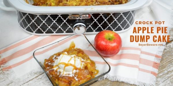 Crock Pot Apple Pie Dump Cake recipe is just a few simple ingredients of apple pie filling, cake mix, butter and pecans and in the crock pot for a couple hours. #CrockPot #Apple #DumpCake