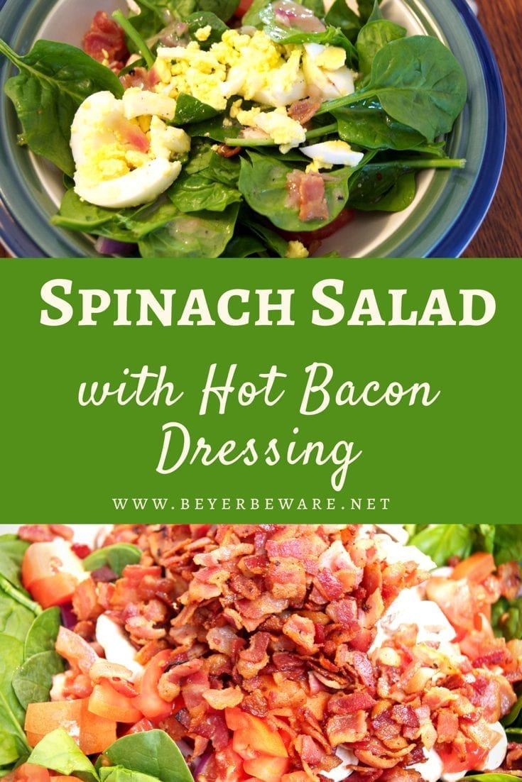 Spinach salad with hot bacon dressing is an easy spinach salad with bacon, tomatoes, eggs drenched in a warm dressing that has a mixture of tangy sweetness and salty from the bacon. #bacon #spinach #salad #keto