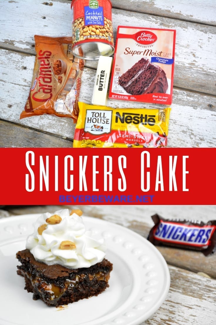 Snickers cake recipe takes a chocolate cake mix up a notch by filling it with caramel, peanuts and chocolate chips making for the cake version of a favorite candy bar. #CakeMix #Snickers #Caramel #Chocolate