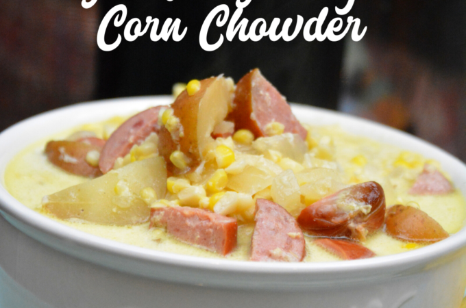 Crock Pot smoked sausage corn chowder is a cream based soup with smoked sausage, corn, potatoes, and onions for a hearty soup.