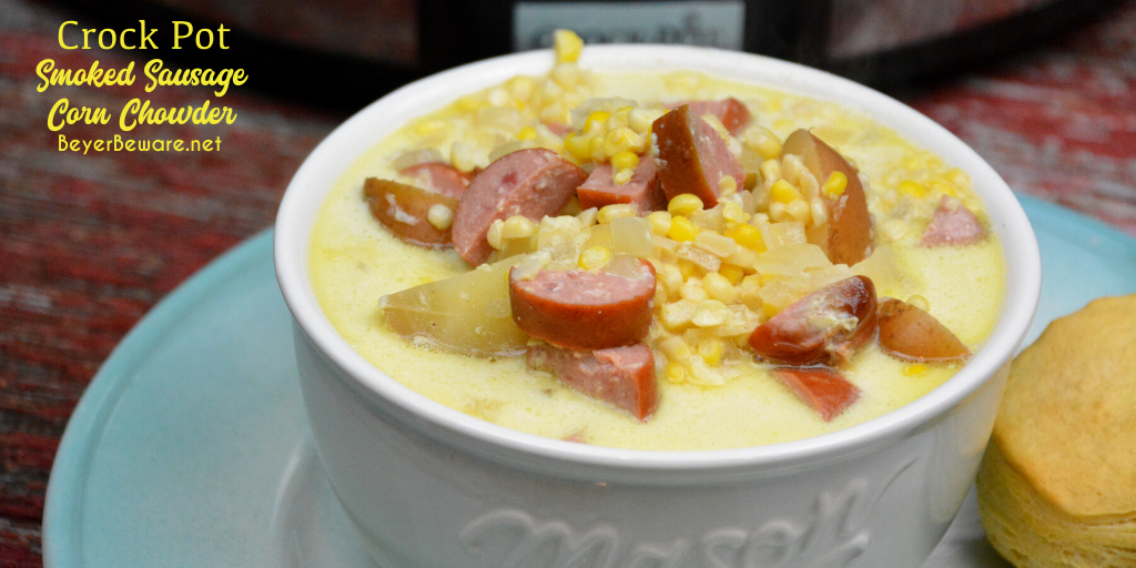 Crock Pot smoked sausage corn chowder is a cream based soup with smoked sausage, corn, potatoes, and onions for a hearty soup.