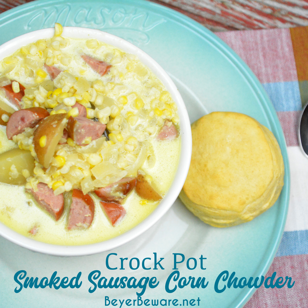 Crock Pot smoked sausage corn chowder is a cream based soup with smoked sausage, corn, potatoes, and onions for a hearty soup.