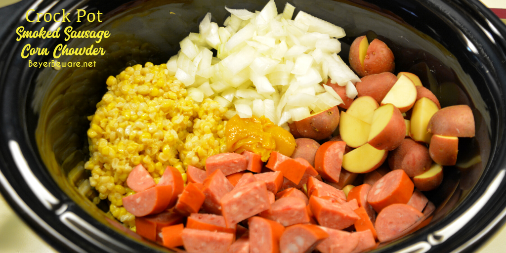 Crock Pot smoked sausage corn chowder is a cream based soup with smoked sausage, corn, potatoes, and onions for a hearty soup.