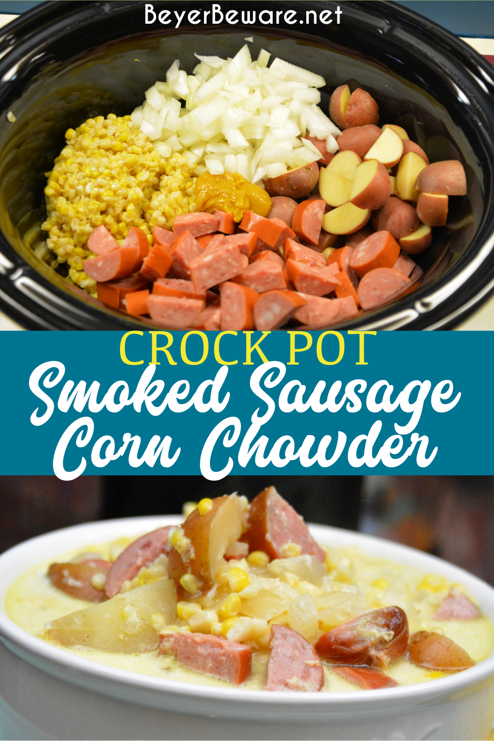 Crock Pot smoked sausage corn chowder is a cream based soup with smoked sausage, corn, potatoes, and onions for a hearty soup.
