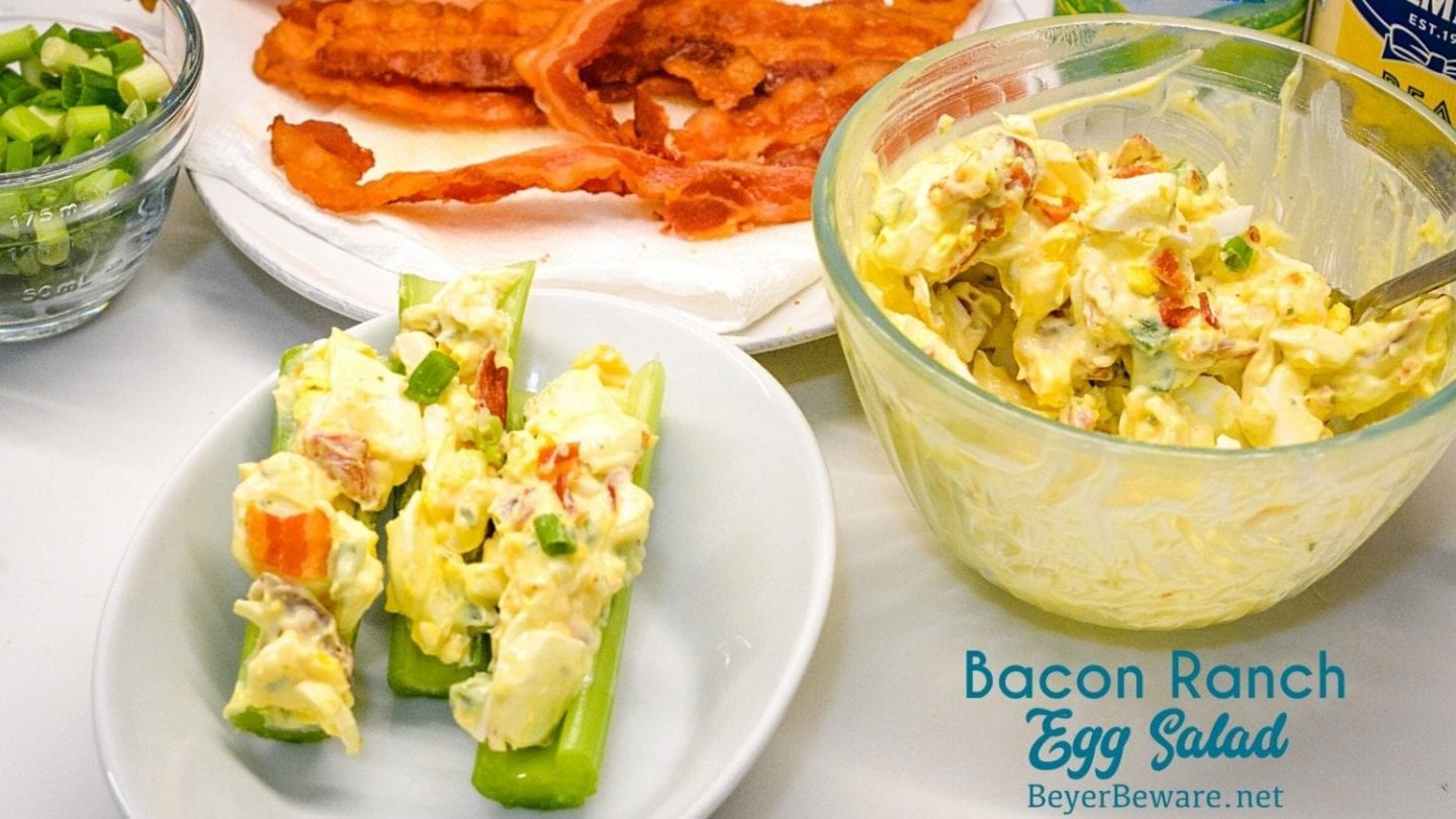 Bacon Ranch Egg Salad is a low-carb and keto egg salad recipe made with base ingredients of hard-boiled eggs, bacon, mayonnaise, and ranch seasoning and can be doctored up with the addition of items like green onions, cheese, and avocados.