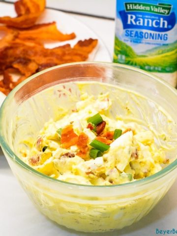 Bacon Ranch Egg Salad is a low-carb and keto egg salad recipe made with base ingredients of hard-boiled eggs, bacon, mayonnaise, and ranch seasoning and can be doctored up with the addition of items like green onions, cheese, and avocados.