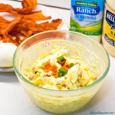 Bacon Ranch Egg Salad is a low-carb and keto egg salad recipe made with base ingredients of hard-boiled eggs, bacon, mayonnaise, and ranch seasoning and can be doctored up with the addition of items like green onions, cheese, and avocados.