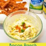 Bacon Ranch Egg Salad is a low-carb and keto egg salad recipe made with base ingredients of hard-boiled eggs, bacon, mayonnaise, and ranch seasoning and can be doctored up with the addition of items like green onions, cheese, and avocados.