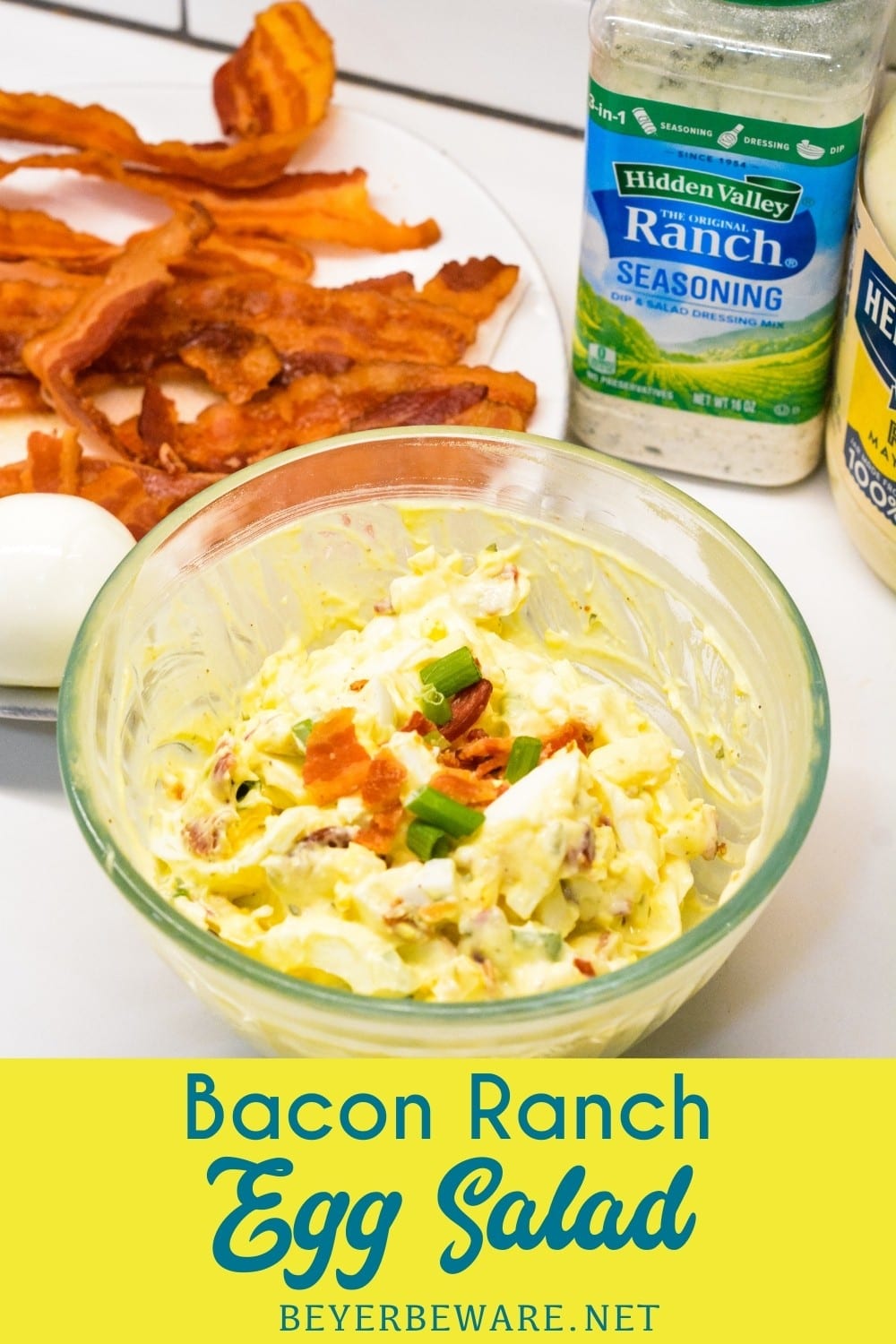 Bacon Ranch Egg Salad is a low-carb and keto egg salad recipe made with base ingredients of hard-boiled eggs, bacon, mayonnaise, and ranch seasoning and can be doctored up with the addition of items like green onions, cheese, and avocados.