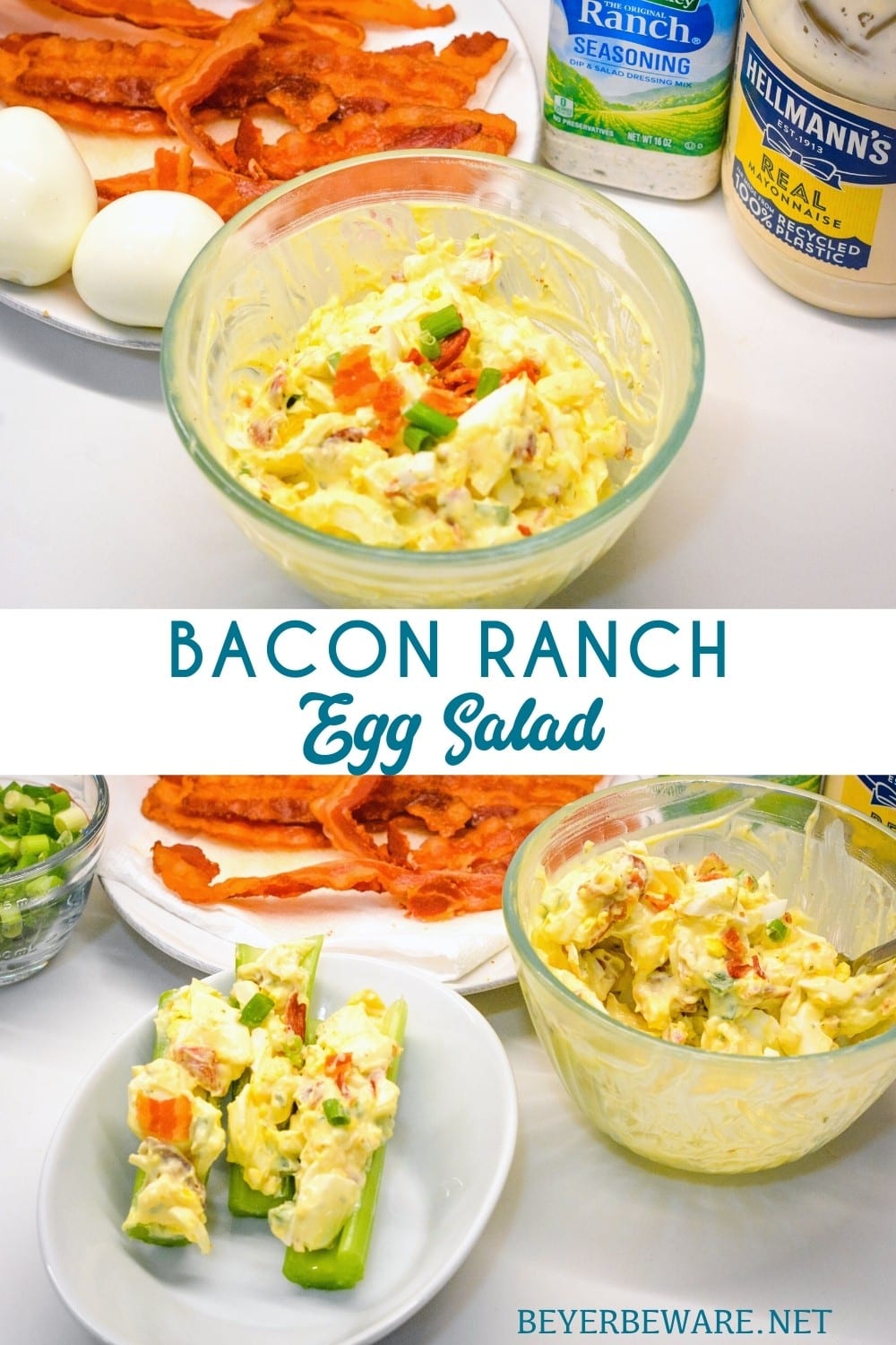 Bacon Ranch Egg Salad is a low-carb and keto egg salad recipe made with base ingredients of hard-boiled eggs, bacon, mayonnaise, and ranch seasoning and can be doctored up with the addition of items like green onions, cheese, and avocados.
