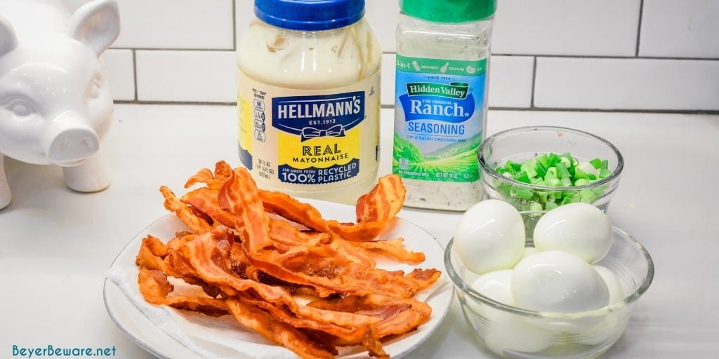 Bacon Ranch Egg Salad is a low-carb and keto egg salad recipe made with base ingredients of hard-boiled eggs, bacon, mayonnaise, and ranch seasoning and can be doctored up with the addition of items like green onions, cheese, and avocados.