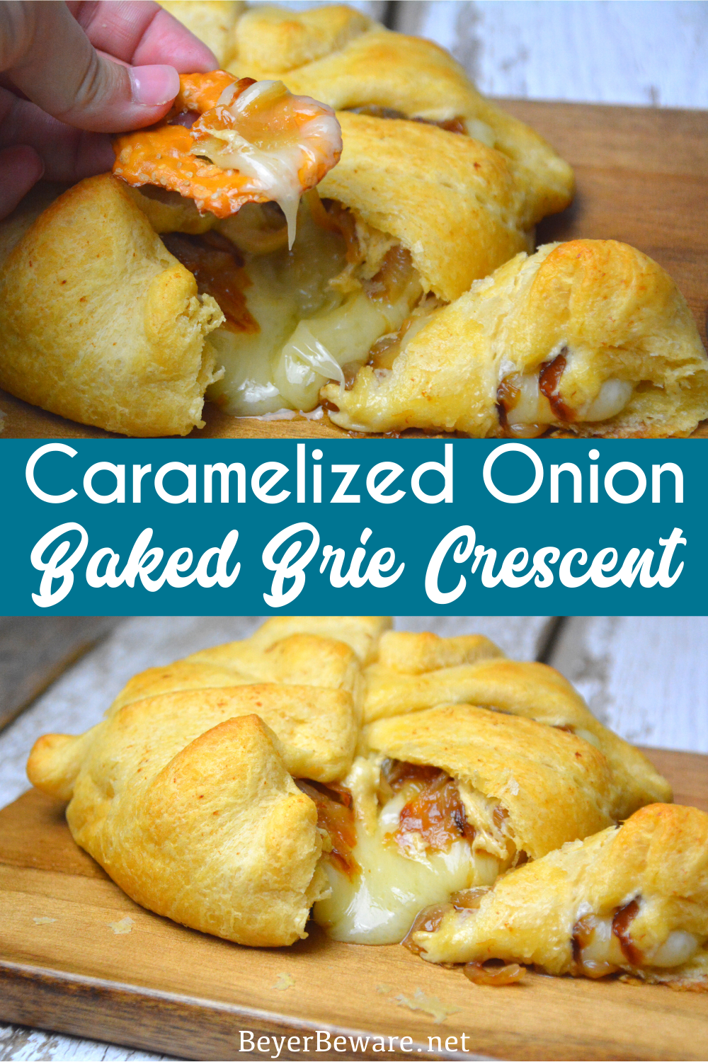 Caramelized onion baked brie crescent round is a simple brie en croute recipe made with caramelized onions and brie for a baked brie recipe.