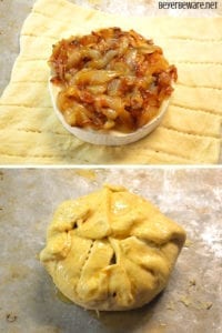 Caramelized onion baked brie crescent round is a simple combination of butter and onions browned until caramelized and piled into a brie round wrapped in crescent rounds. #brie #BakedBrie #Appetizers