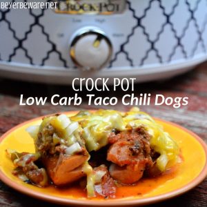 Crock Pot Low Carb Taco Chili Dogs Casserole is a quick meal cooked in a casserole crock pot while your run around to evening activities. #Lowcarb #Keto #CrockPot #Casserole