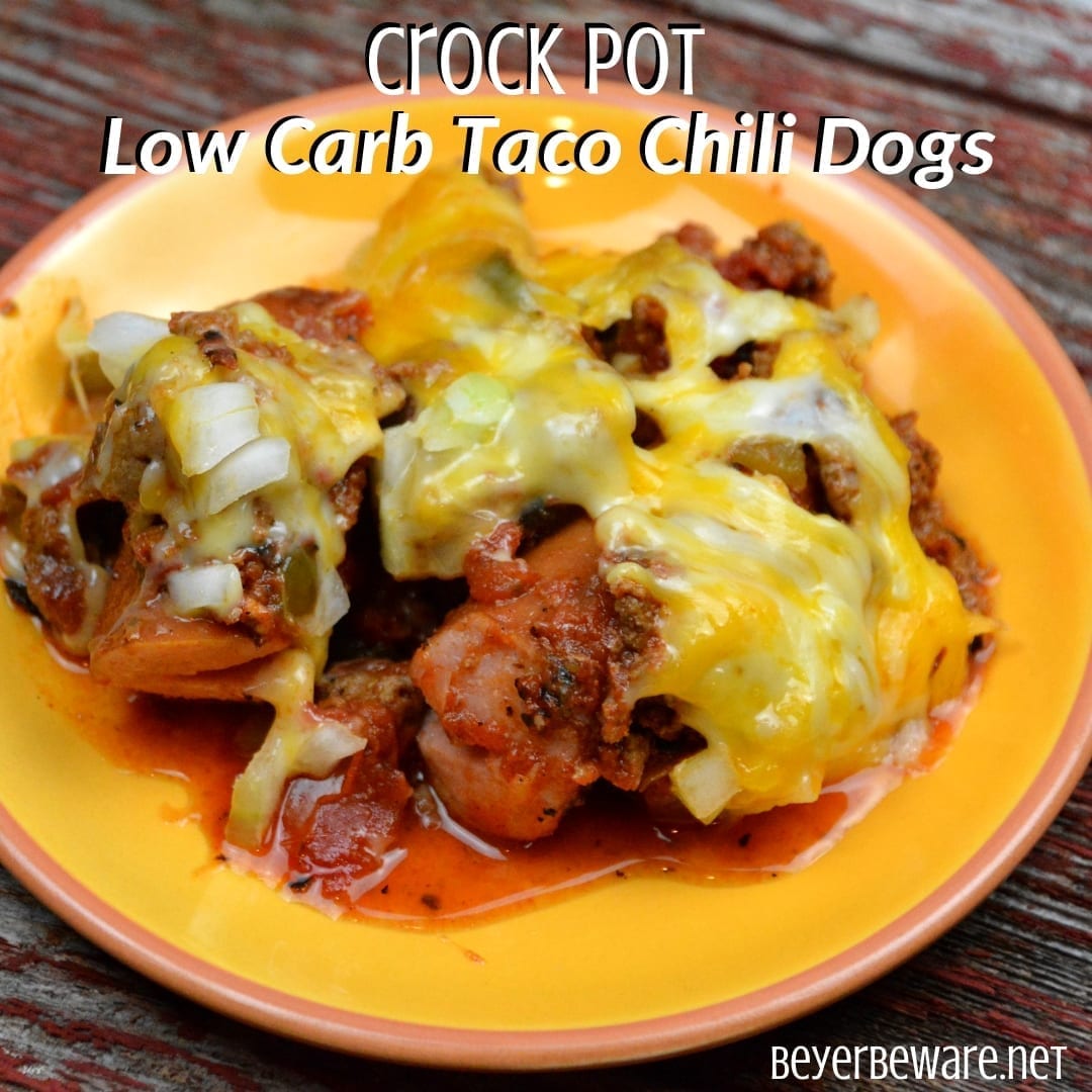 Crock Pot Low Carb Taco Chili Dogs Casserole is a quick meal cooked in a casserole crock pot while your run around to evening activities. #Lowcarb #Keto #CrockPot #Casserole