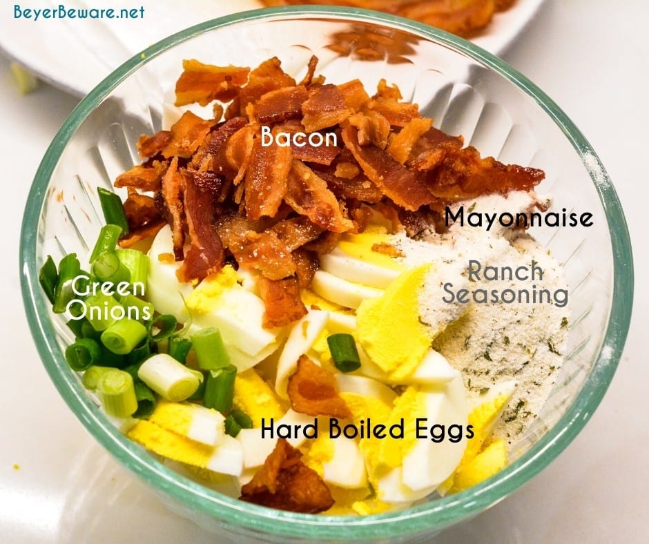 Bacon Ranch Egg Salad is a low-carb and keto egg salad recipe made with base ingredients of hard-boiled eggs, bacon, mayonnaise, and ranch seasoning and can be doctored up with the addition of items like green onions, cheese, and avocados.