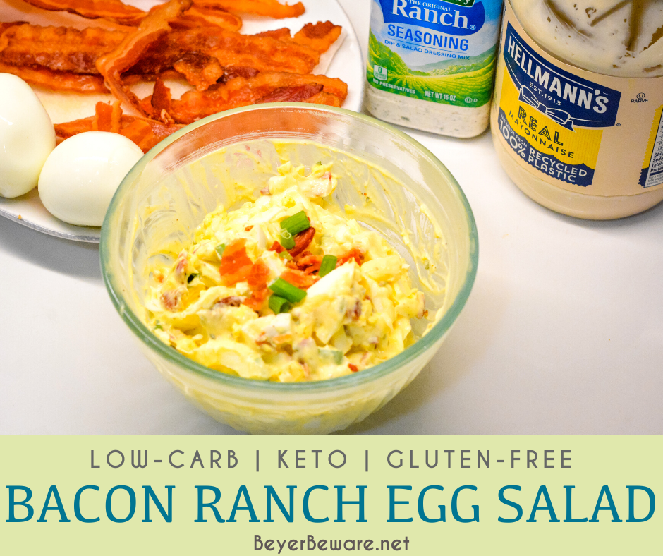 Bacon Ranch Egg Salad is a low-carb and keto egg salad recipe made with base ingredients of hard-boiled eggs, bacon, mayonnaise, and ranch seasoning and can be doctored up with the addition of items like green onions, cheese, and avocados.