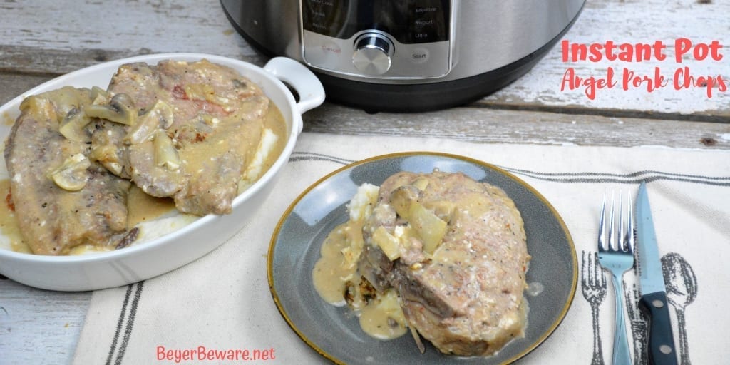 Instant Pot Angel pork chops recipe combines wine, Italian seasonings, onions and mushrooms with cream of mushroom soup and cream cheese for a rich and creamy pork chop recipe. #Instantpot #Porkchops