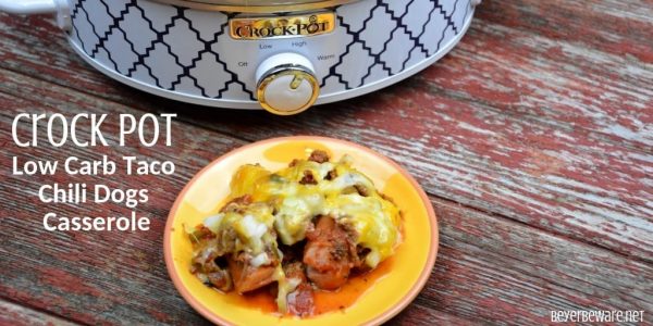 Crock Pot Low Carb Taco Chili Dogs Casserole is a quick meal cooked in a casserole crock pot while your run around to evening activities. #Lowcarb #Keto #CrockPot #Casserole