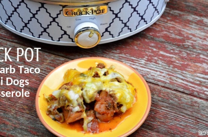 Crock Pot Low Carb Taco Chili Dogs Casserole is a quick meal cooked in a casserole crock pot while your run around to evening activities. #Lowcarb #Keto #CrockPot #Casserole